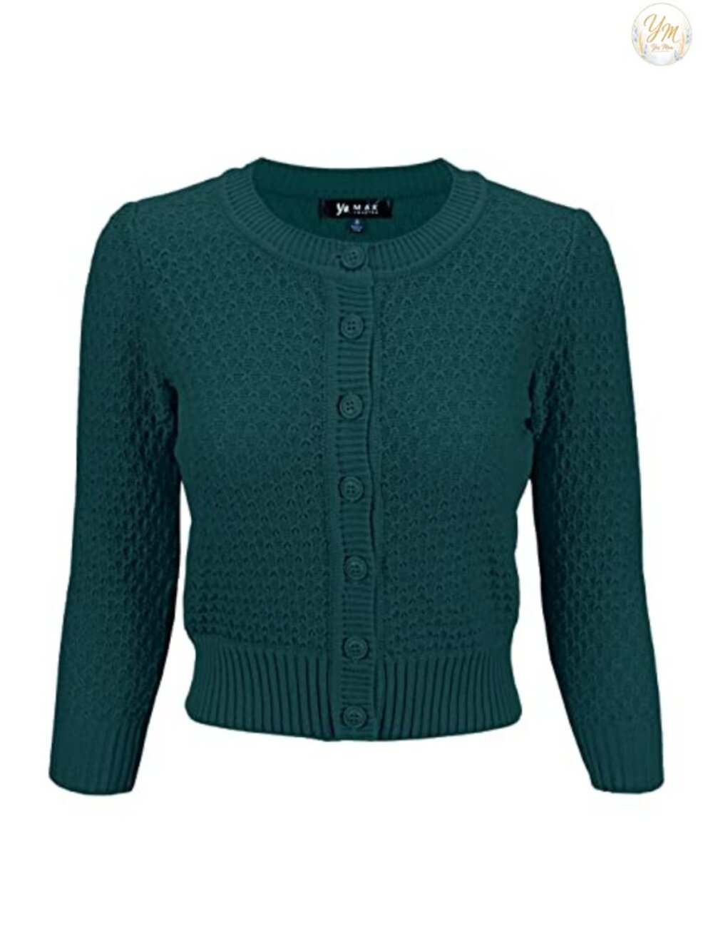 YEMAK Crochet Cotton Cropped Cardigan 3/4 Sleeve Crew Neck Button
